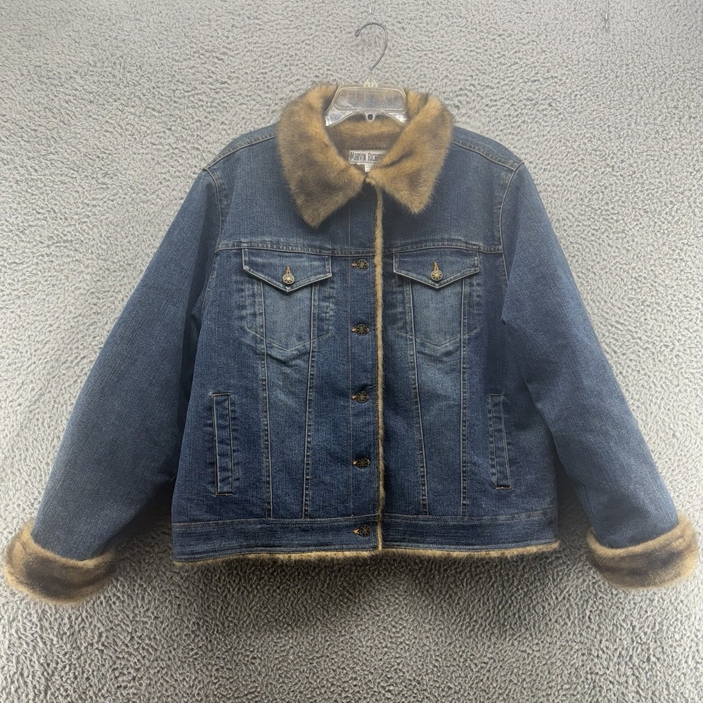 VINTAGE Marvin Richards Jacket Womens Extra Large Blue Denim Faux Fur Lined Coat